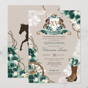 Grönt Charro Blommigt Horse Vapensköld Quinceanera Inbjudningar