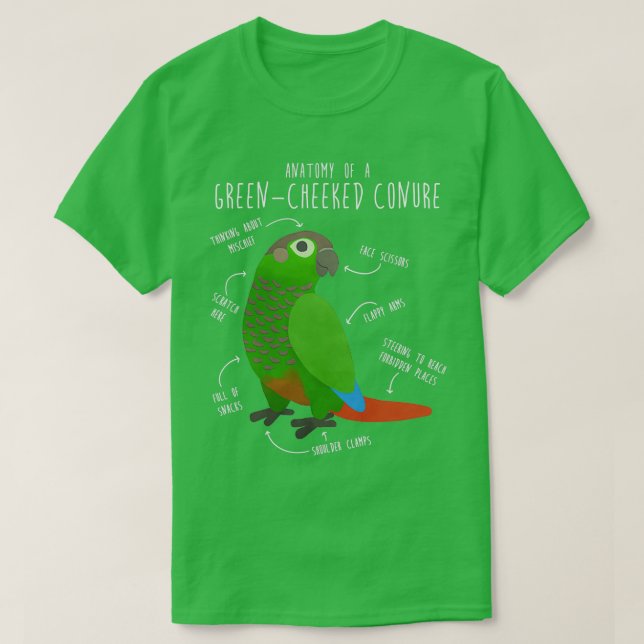 Grönt Cheek Conure Anatomy T Shirt (Design framsida)