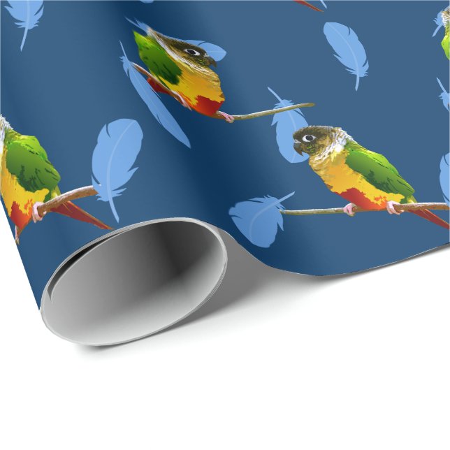 Grönt Cheek Conure Blue Feathers Pet Birthday Presentpapper (Rullad Hörn)