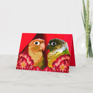Grönt Cheek Conure par in Kärlek Red 2 Bird Pair Helgkort