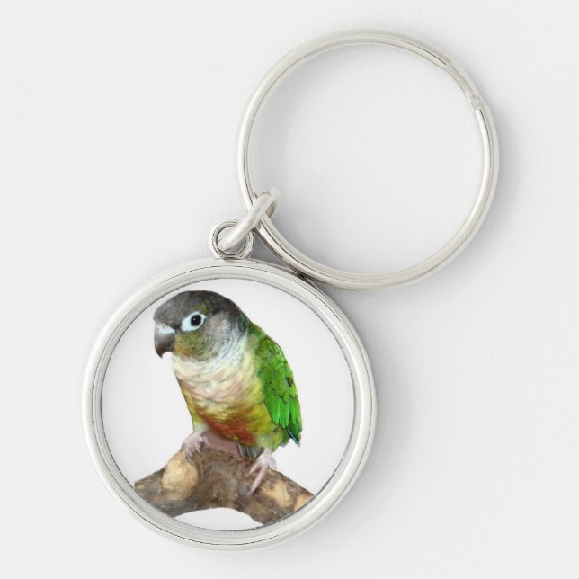 Grönt Cheek Conure Rund Silverfärgad Nyckelring (Framsidan)