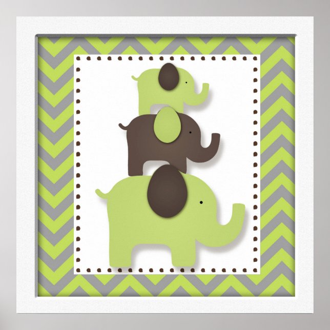 Grönt Chevron Elephant Nursery Wall Art Poster (Framsidan)