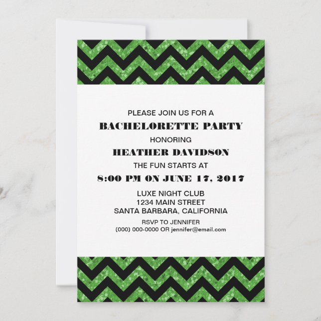 Grönt Chevron Glitter Bachelorette Party Inbjudningar (Framsida)