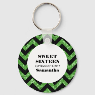 Grönt Chevron Glitter Sweet 16 Keychain Nyckelring