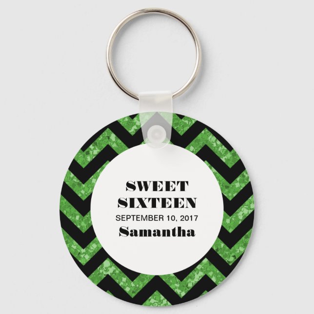 Grönt Chevron Glitter Sweet 16 Keychain Nyckelring (Framsida)