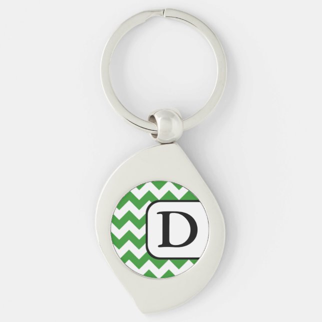 Grönt Chevron Monogram Keychain Swirl Silverfärgad Nyckelring (Framsidan)