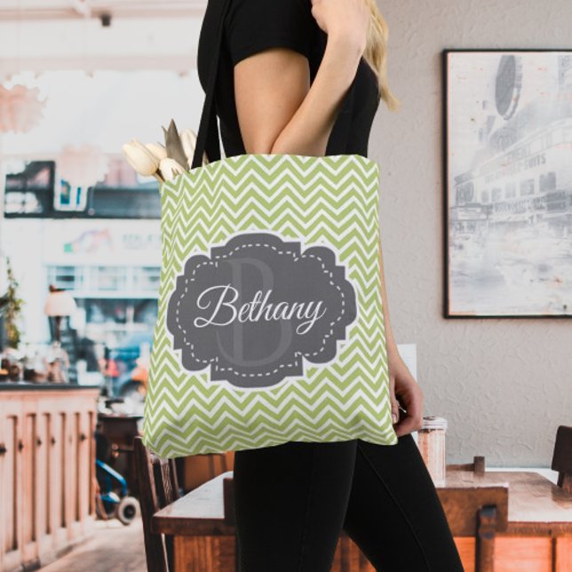 Grönt Chevron Personlig Tote Bag Tygkasse (Green Chevron Personalized Tote Bag)