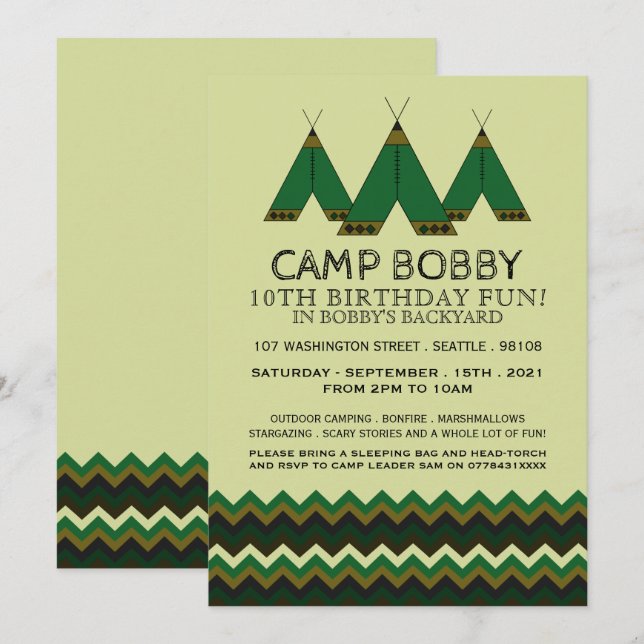 Grönt Chevron Tipi, Camping Birthday Inbjudningar (Fram/baksida)