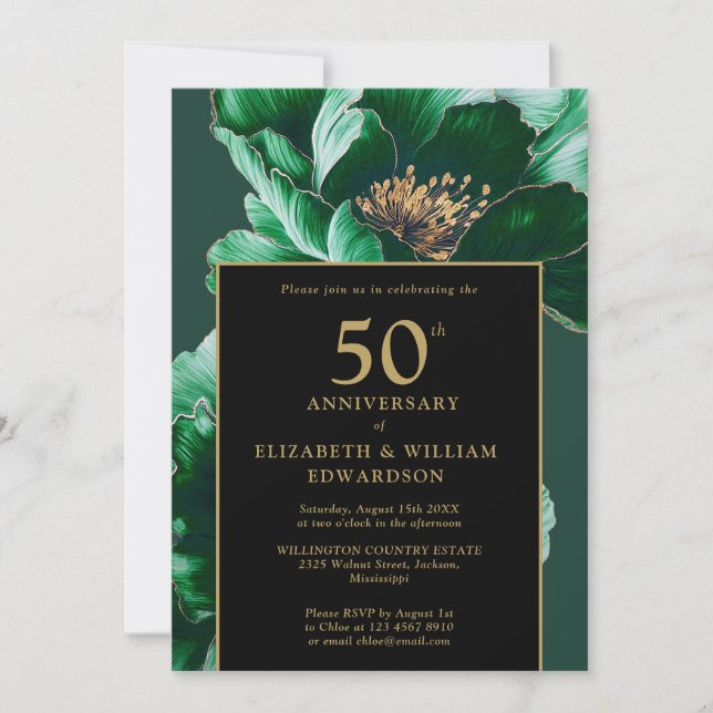 Grönt Chic Blommigt Black och Guld 50-årsjubileum Inbjudningar (Framsida)