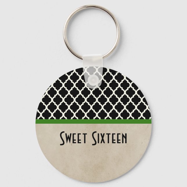 Grönt Chic Quatrefoil Sweet 16 Keychain Nyckelring (Framsida)