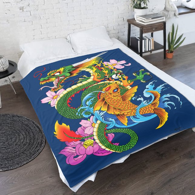 Grönt Chinese Dragon Koi Fleecefilt (Skapare uppladdad)