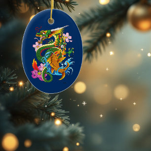 Grönt Chinese Dragon Koi Julgransprydnad Keramik