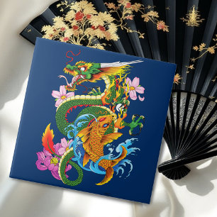 Grönt Chinese Dragon Koi Kakelplatta