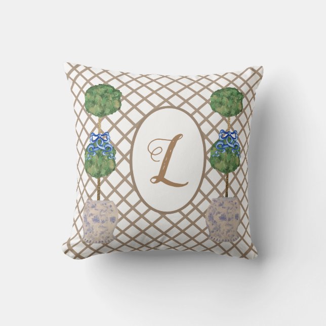 Grönt Chinoiserie Ginger Burk Burk Topiary Basket Kudde (Framsida)