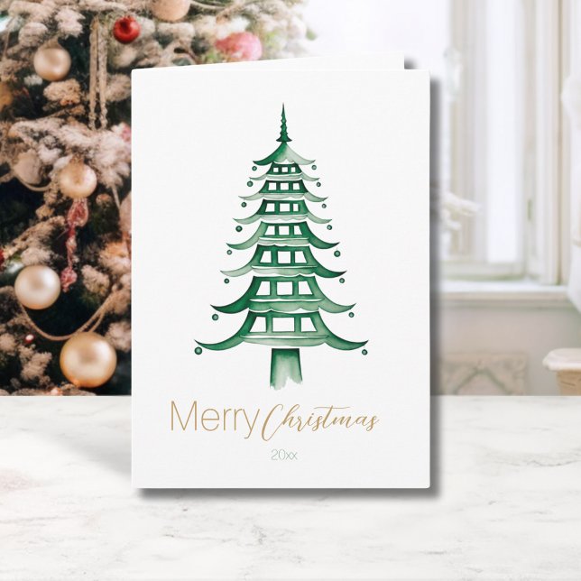 Grönt Chinoiserie Pagoda Julgran Kort (Green Chinoiserie Pagoda Christmas Tree Card)