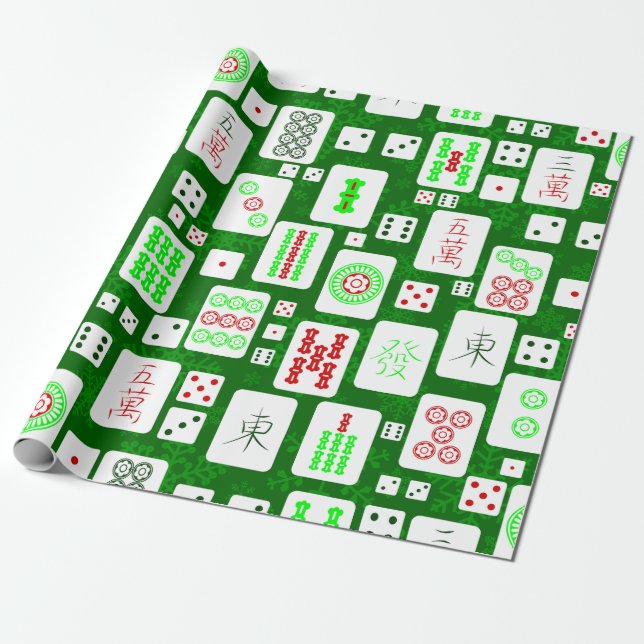 grönt christmas mahjong chinese tiles-spel asian presentpapper (Utrullad)