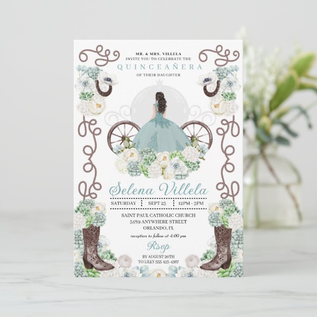 Grönt Cinderella Carriage Western Quinceañera Inbjudningar (Stående Fram)