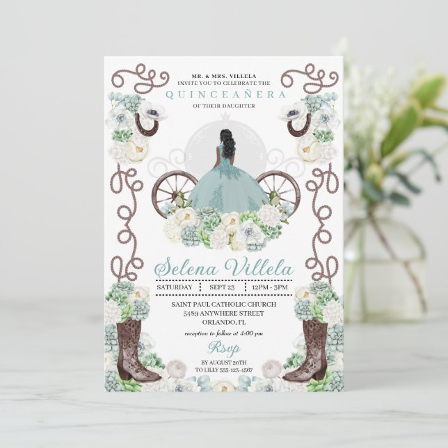 Grönt Cinderella Carriage Western Quinceañera Inbjudningar (Stående Fram)
