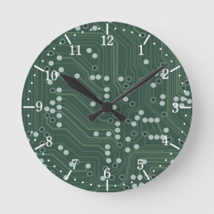 Grönt Circuit Board Background Mönster Art Rund Klocka