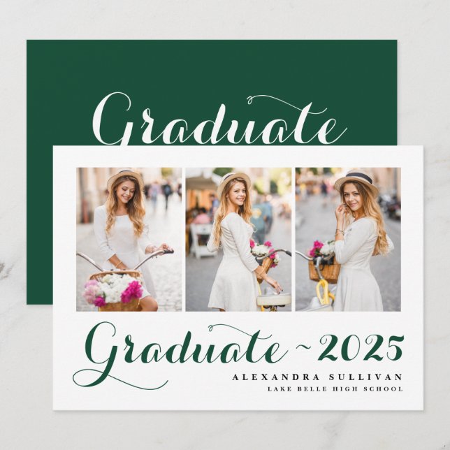 Grönt Class of 2025 Photo Collage Studenten Inbjudningar (Fram/baksida)