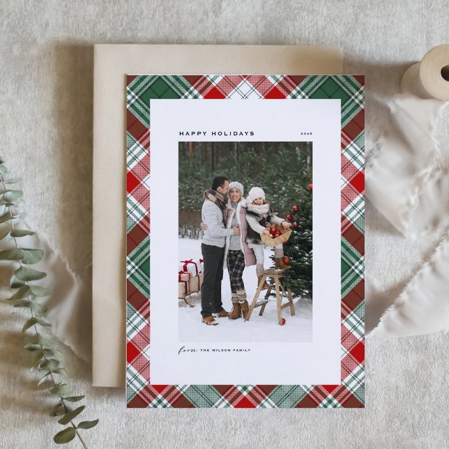 Grönt Classic Play Mönster Glad helg Photo (Green and Red Classic Plaid Pattern Happy Holidays Photo Card)