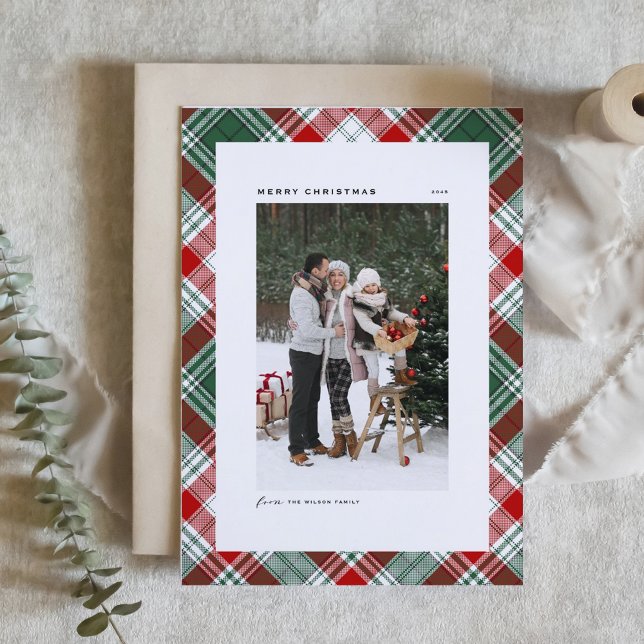 Grönt Classic Play Mönster God jul Photo Helgkort (Green and Red Classic Plaid Pattern Merry Christmas Photo Card)