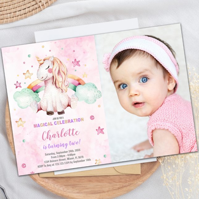 Grönt Cloud Rainbow Unicorn-inbjudan med foto Inbjudningar (Green Cloud Rainbow Unicorn Invitation with photo)