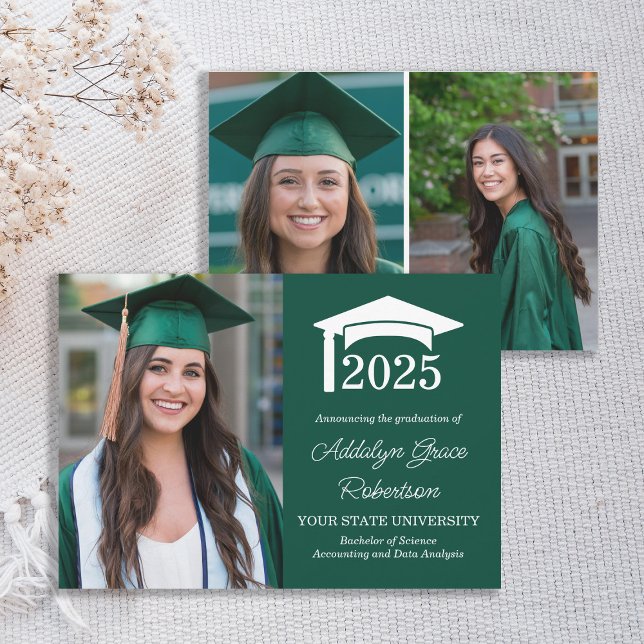 Grönt College 3 Photo Studenten-meddelande Meddelande (Green and white 3-photo college of high school graduation announcement)
