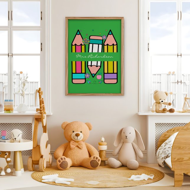 Grönt Colorful Teacher Tecknad Pencil Poster (Skapare uppladdad)