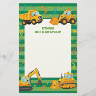 Grönt Construction Lastbilar Custom Name Mitzvah N Brevpapper