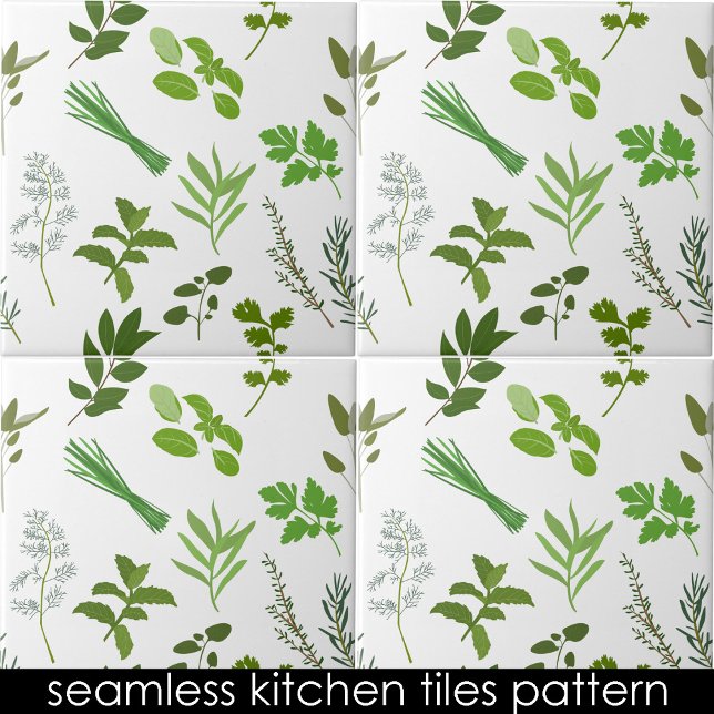 Grönt Cooking Örters Köks Sömlös Mönster Kakelplatta (Green Cooking Herbs Kitchen Seamless Pattern Ceramic Tile)