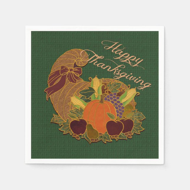Grönt Cornucopia Thanksgiving Napkins Pappersservett (Framsidan)