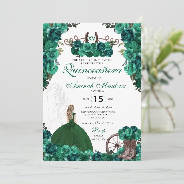 Grönt Cowgirl Boots Ranch Charra Quinceañera Inbjudningar (Stående Fram)