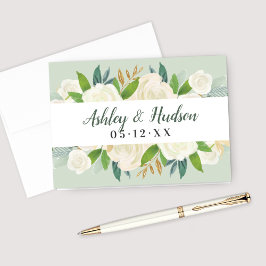 Grönt Cream Guld Blommigt Greenery Bröllop Monogra Tack Kort