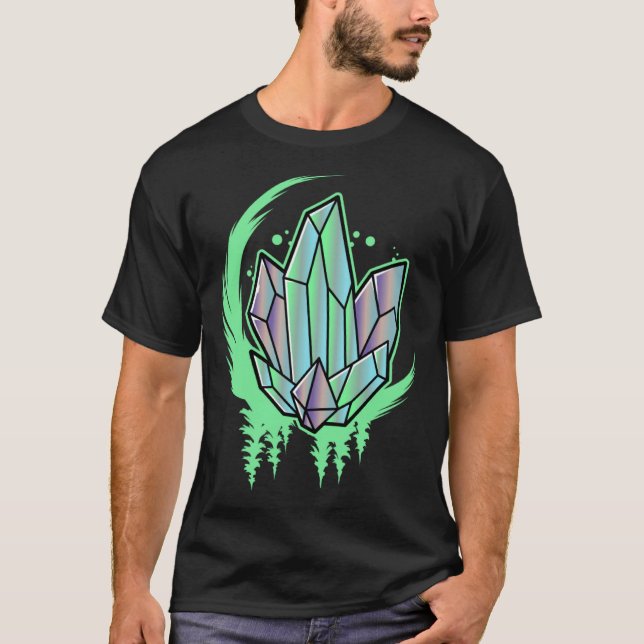 Grönt Crystal Gemstone Crescent Måne Träd Aesthet T Shirt (Framsida)
