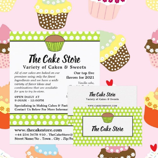 Grönt Cupkaka & Polka Dot, Cake Maker, Cake Store Visitkort (Skapare uppladdad)