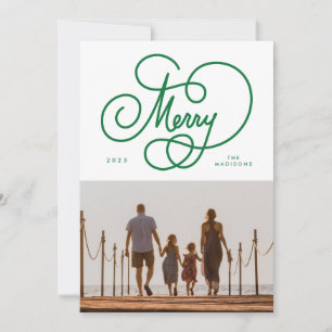 Grönt Cursive Script Merry Flourish Photo Helgdag Julkort