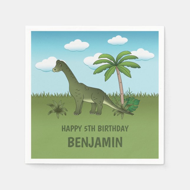 Grönt Cute Brachiosaurus Dinosaur Barn Birthday Pappersservett (Framsidan)