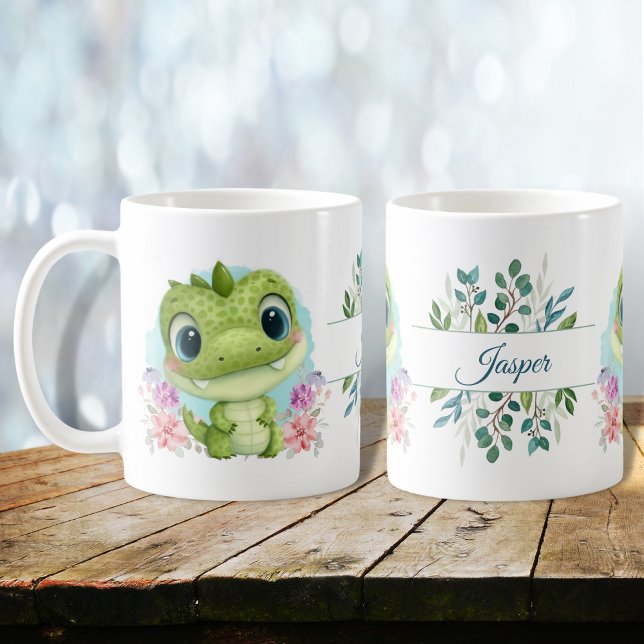 Grönt Cute Dinosaur-Blommigt Personlig Kaffemugg (Skapare uppladdad)