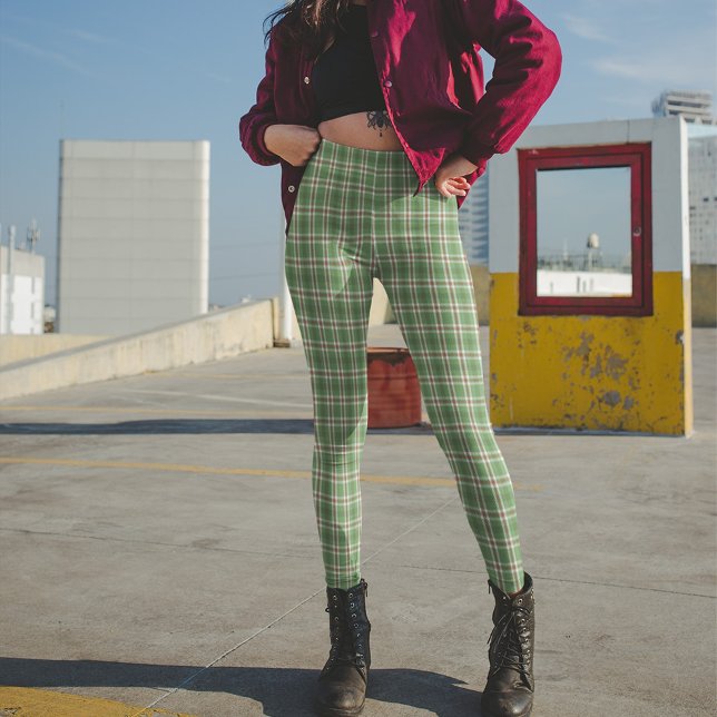 Grönt Cute Farmhouse Rustic Helgdag Play Simple Leggings (Green and red plaid pattern leggings. )