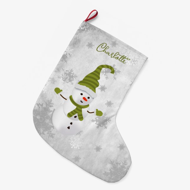 Grönt Cute Snögubbe Helgdag Stocking Stor Julstrumpa (Framsidan (Hängande))