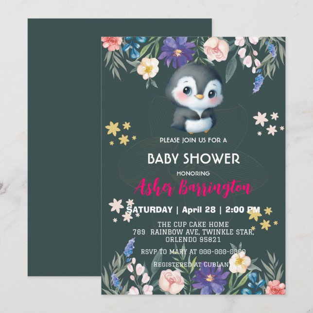 Grönt Cute Söt penguin-blommor, barn till babydusc Inbjudningar (Fram/baksida)