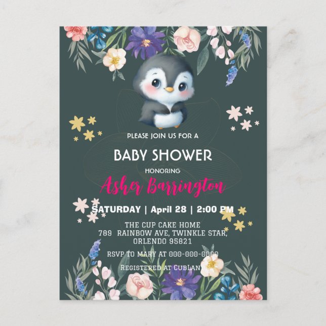 Grönt Cute Söt penguin-blommor, barn till babydusc Vykort (Framsida)