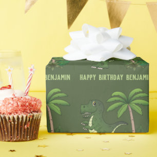 Grönt Cute Tecknad T-rex Dinosaur Grattis på födel Presentpapper
