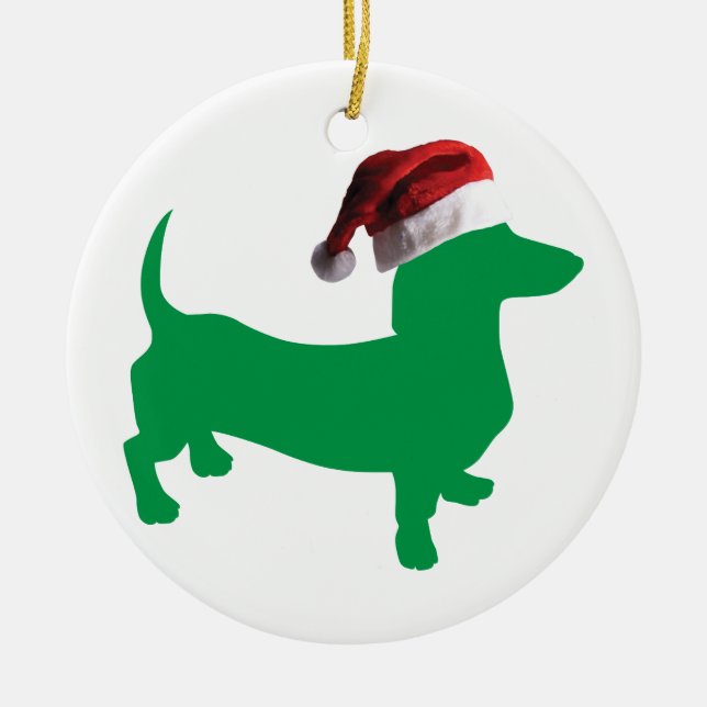 Grönt Dachshund med Jultomten Hat Julgransprydnad Keramik (Framsidan)