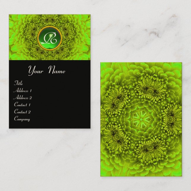 GRÖNT DAHLIA FLOWER PETALS EMERALD GEM MONOGRAM VISITKORT (Fram/baksida)