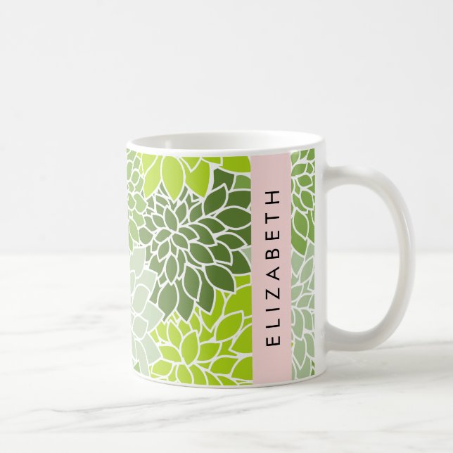 Grönt Dahlia Flowers, Blommönster, ditt namn Kaffemugg (Höger)
