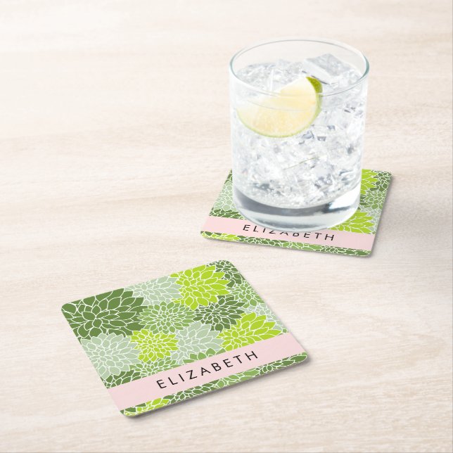 Grönt Dahlia Flowers, Blommönster, ditt namn Underlägg Papper Kvadrat (Insitu)