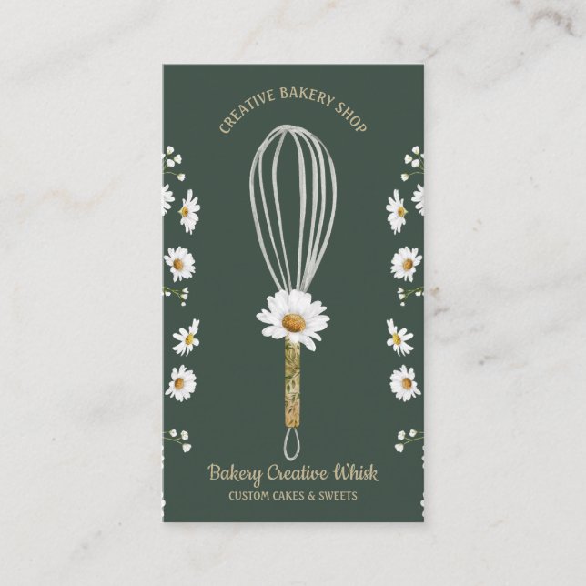 Grönt Daisy Bakery Rustic Whisk Blommigt Visitkort (Framsida)