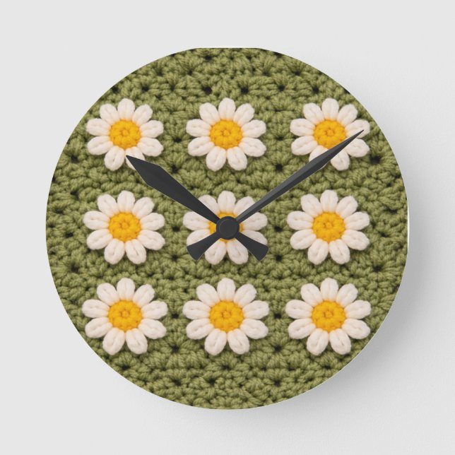Grönt Daisy Granny Square Virkmönster Blommig Rund Klocka (Framsida)
